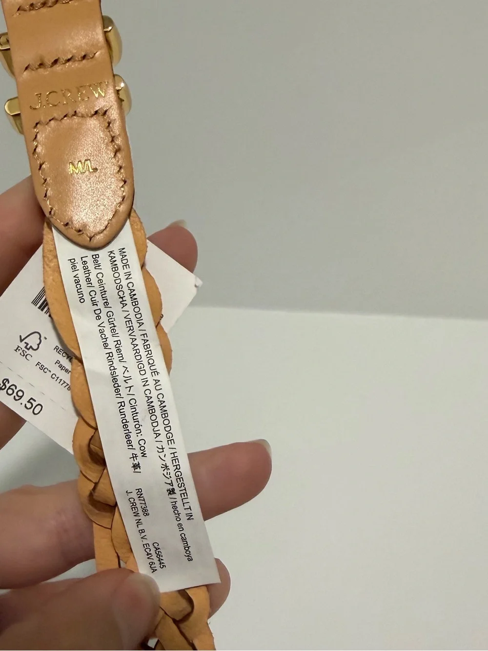 NEW J. Crew Skinny braided belt in Italian leather Raw Cashew CR824 $70 M/L